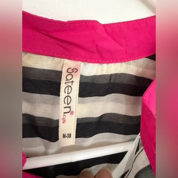Striped Black and White Blouse with Pink Accents - Picture 8 of 8